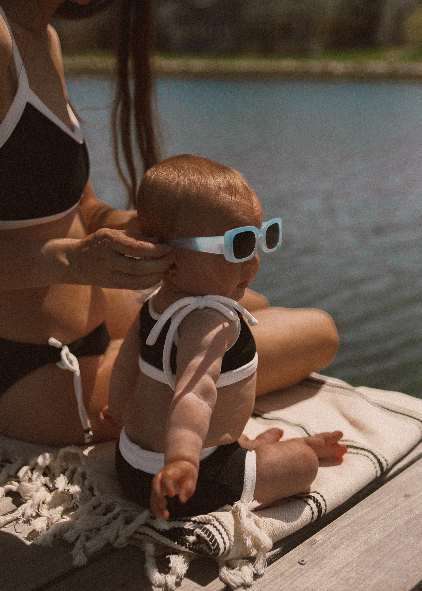 mini baby swim shorts set in black and white matching mommy and me